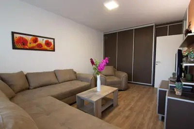 a living room with a couch and a table at Sava centar-Arena, apartman EMA in Novi Beograd