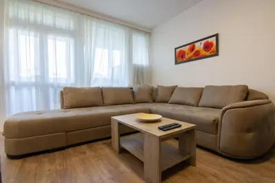 a living room with a brown couch and a table at Sava centar-Arena, apartman EMA in Novi Beograd