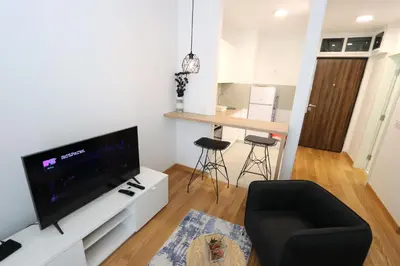 a living room with a flat screen tv and a couch at Savada BLUE - apartman na Novom Beogradu sa parkingom doplata 5 evra dan in Belgrade