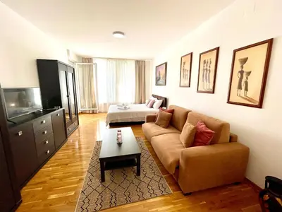 a living room with a couch and a bed at Modesti - stan na dan Novi Beograd sa parkingom 5 evra po danu in Belgrade