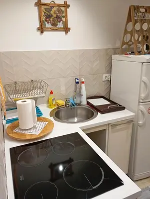 a kitchen with a sink and a counter top with a stove at Belgrade apartment deluxe in Belgrade