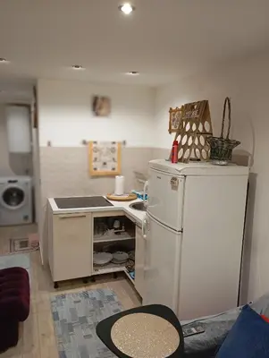 a kitchen with a white refrigerator and a counter at Belgrade apartment deluxe in Belgrade
