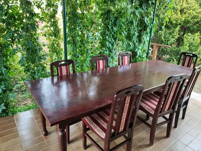 a wooden table and chairs on a patio at Big Borak in Veliki Borak