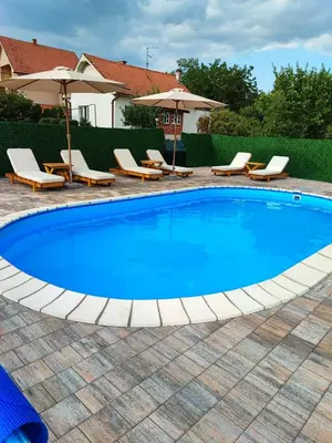 a large swimming pool with lounge chairs and umbrellas at Big Borak in Veliki Borak