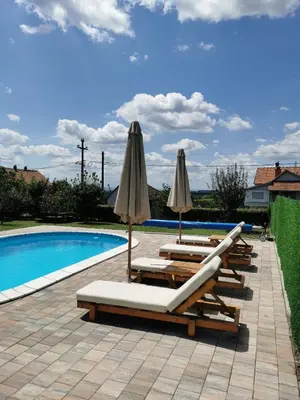 a group of lounge chairs and umbrellas next to a swimming pool at Big Borak in Veliki Borak