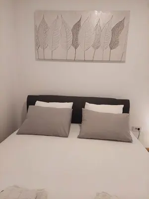 a bed with two pillows and a painting on the wall at Miyaki Apartment in Belgrade