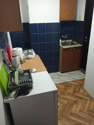 a small kitchen with a counter and a sink at Airport MD rooms in Belgrade