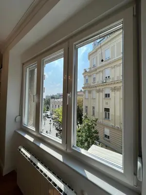 a window with a view of a building at Old Town Gate in Belgrade