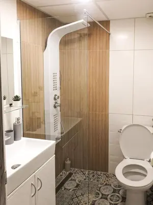 a bathroom with a toilet and a glass shower at Vukov spomenik in Belgrade