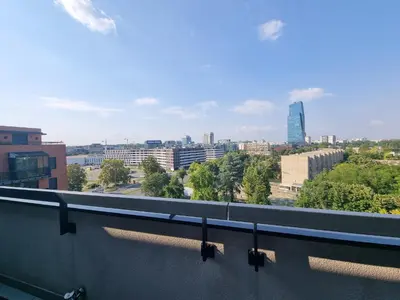 a balcony with a view of a city at Skyline in Belgrade