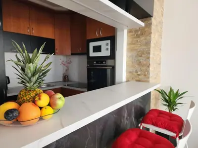 a kitchen with a bowl of fruit on a counter at Arena Lux in Novi Beograd