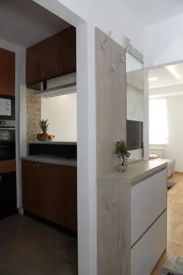 a kitchen with wooden cabinets and a counter with a sink at Arena Lux in Novi Beograd