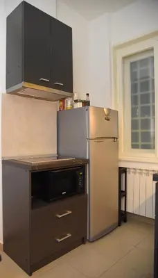 a kitchen with a stainless steel refrigerator and a microwave at Cloud Downtown apartment in Belgrade