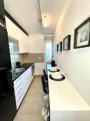 a kitchen with white cabinets and a sink and a counter at Regina Vracar apartment and garage in Vračar (historical)