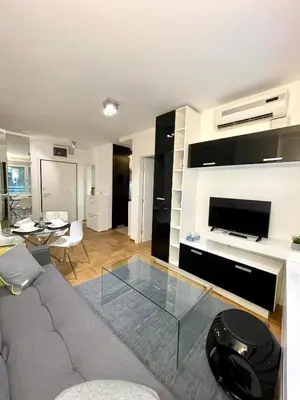 a living room with a couch and a glass table at Regina Vracar apartment and garage in Vračar (historical)