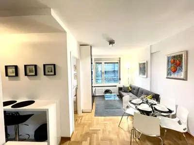 a living room with a couch and a table and a fireplace at Regina Vracar apartment and garage in Vračar (historical)