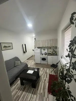 a living room with a couch and a kitchen at Central apartment Belgrade in Belgrade