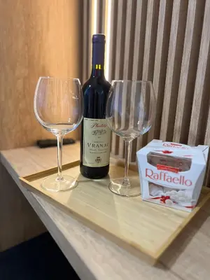 a bottle of wine and two wine glasses on a table at Lenka in Dušanovac (historical)