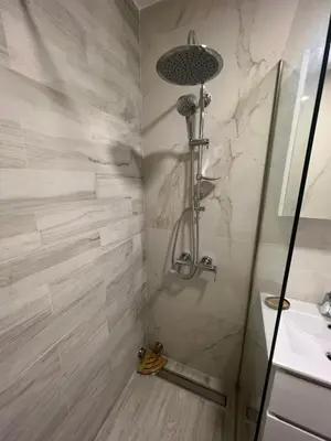a bathroom with a shower and a sink at Lenka in Dušanovac (historical)