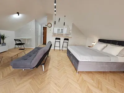 a bedroom with a large bed and a kitchen at Apartment LUMALU in Belgrade