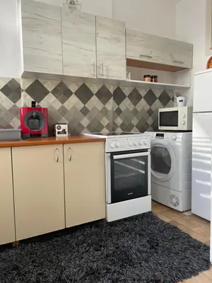 a kitchen with a washing machine and a microwave at JOVAN APARTMAN in Rospi Ćuprija