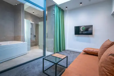 a living room with a couch and a shower at City Joy - sports Center Tasmajdan in Belgrade
