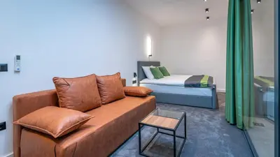 a living room with a couch and a bed at City Joy - sports Center Tasmajdan in Belgrade