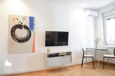 a living room with a flat screen tv on a wall at Studio 50 in Belgrade