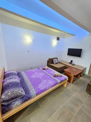a bedroom with a large purple bed and a couch at Booking Apartments Alone 1 in Belgrade