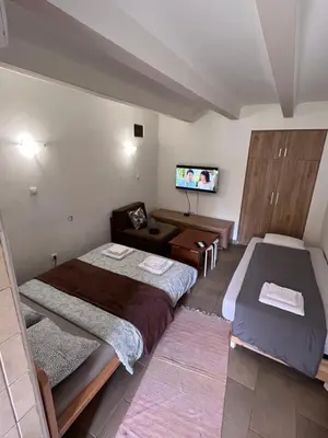 a small room with two beds and a television at Booking Apartments Alone 1 in Belgrade