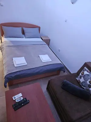 a bed and a couch in a room with a bed at Booking Apartments Alone 1 in Belgrade