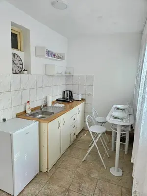 a small kitchen with a sink and a table at Booking Apartments Alone 2 in Zemun