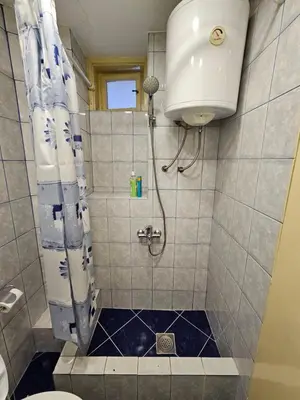 a bathroom with a shower with a toilet at Booking Apartments Alone 2 in Zemun
