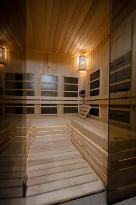 a sauna with wood paneling and a glass wall at Vila Banstolija in Velika Remeta