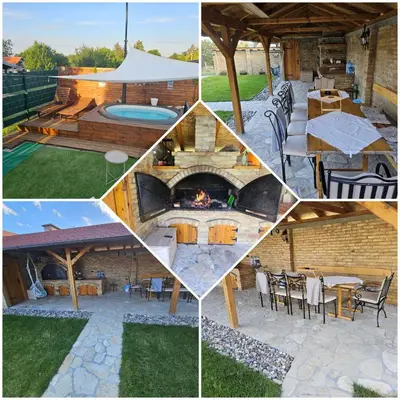 a collage of photos with a patio and a fire pit at Vila Banstolija in Velika Remeta