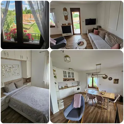 three pictures of a bedroom and a living room at Vila Banstolija in Velika Remeta
