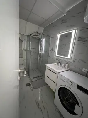 a bathroom with a washing machine and a shower at Apartman Aranđelovac in Arandjelovac