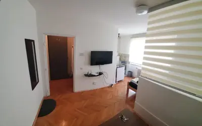 a living room with a television and a wooden floor at Zvezdara in Belgrade