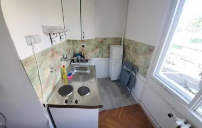 a small kitchen with a stove and a sink at Zvezdara in Belgrade