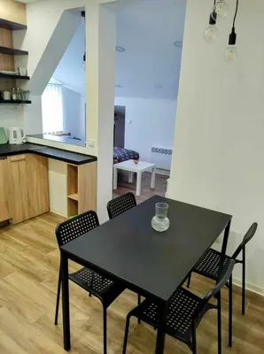 a black dining table and chairs in a kitchen at Studio Bajka in Kanarevo Brdo