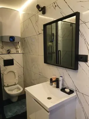 a bathroom with a sink and a toilet and a mirror at Lola in Voždovac