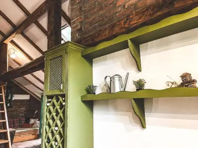 a green shelf on the wall in a room at Wood Mood Apartman Tiganjica in Staji°evo
