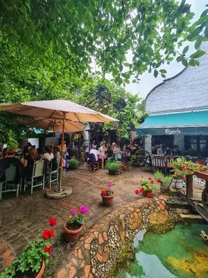 a patio with people sitting at tables and an umbrella at Wood Mood Apartman Tiganjica in Staji°evo