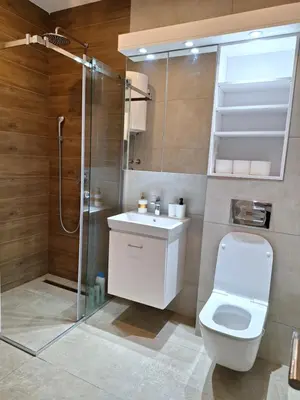 a bathroom with a shower and a toilet and a sink at RIVIJERA CITY in Belgrade