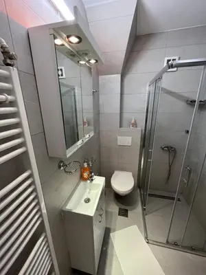 a bathroom with a shower and a toilet and a sink at MinuteToRiver Apartment in Belgrade