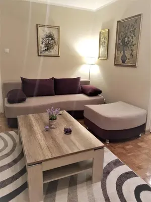 a living room with a couch and a coffee table at Arena West Apartment in Novi Beograd