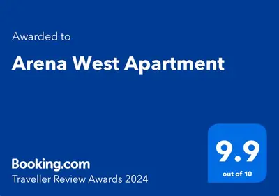 a blue sign with the textarma west appointment at Arena West Apartment in Novi Beograd
