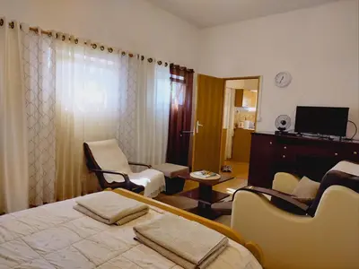 a bedroom with a bed and chairs and a television at Apartman Orhideja in Novi Banovci