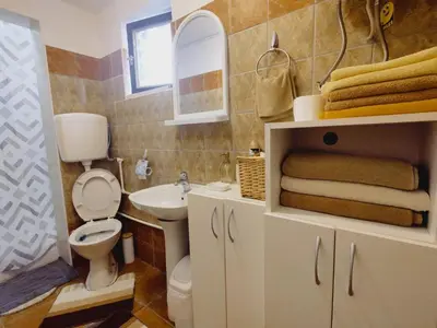a bathroom with a toilet and a sink at Apartman Orhideja in Novi Banovci