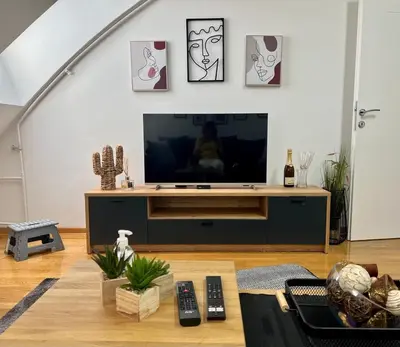 a living room with a flat screen tv on a entertainment center at City011 in Belgrade